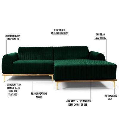 Sofá 5 Lugares Com Chaise Molino 300 Cm Verde Musgo C-303