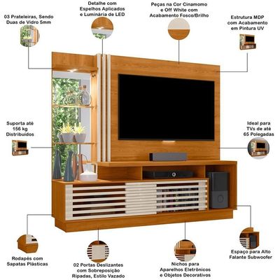 Estante Painel Para Tv 60 Pol 200cm Com Led E Espelho Vitti M07 Cinamomo Off White - Lyam Decor