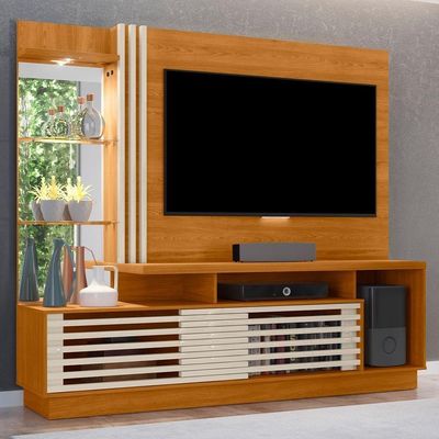 Estante Painel Para Tv 60 Pol 200cm Com Led E Espelho Vitti M07 Cinamomo Off White - Lyam Decor