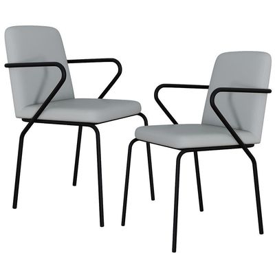 Kit 02 Cadeiras Estofada Para Sala De Jantar Com Braço Loft Preto C01 Courino Saturno Off White - Lyam Decor