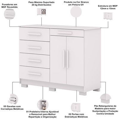 Cômoda Sapateira Para Quarto 2 Portas 5 Gavetas Biana V01 Branco - Lyam Decor
