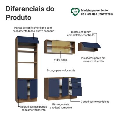 Armário De Cozinha Completa 270 Cm Rustic-azul Vik Madesa 04 Rustic-azul