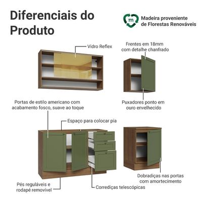 Armário De Cozinha Compacta 180 Cm Rustic-verde Vik Madesa 04 Rustic-verde