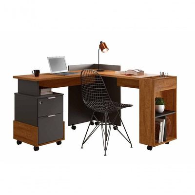 Mesa Em L Para Escritório Alessa Amêndoa Com Chumbo - Lukaliam Móveis