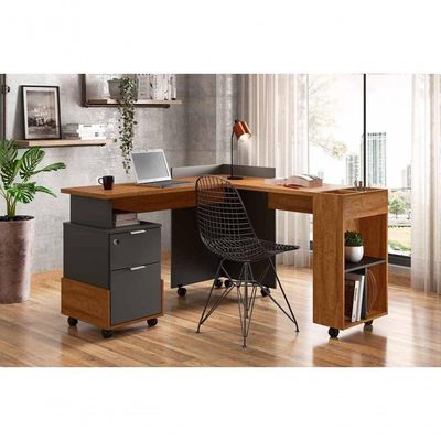 Mesa Em L Para Escritório Alessa Amêndoa Com Chumbo - Lukaliam Móveis