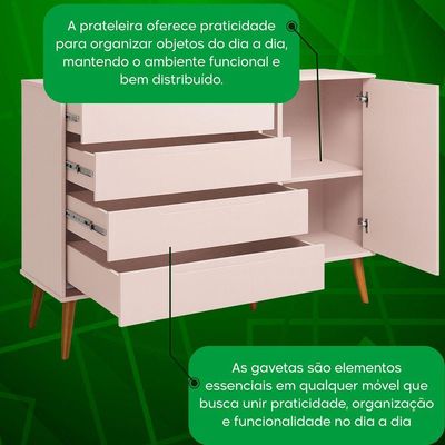 Comoda Sapateira Elfe Retro 1 Porta 4 Gavetas Rosa Fosco - Moveisaqui