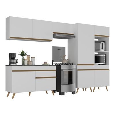 Armário Cozinha Modulada Completa 314cm Com Balcão Veneza Multimóveis Mp3758 Branco/dourado