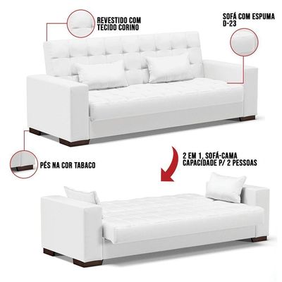 Sofá Cama 02 Lugares Lisboa Corino - D'Rossi Cor Branco