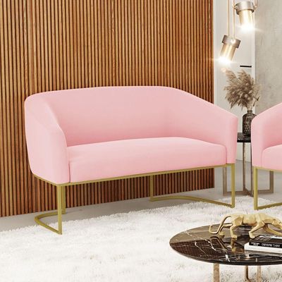 Sofá Namoradeira 2 Lugares Base Industrial Dourado Stella Suede D03 - D'rossi Cor Rosa Bebê