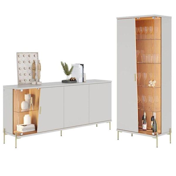 Cristaleira E Aparador Buffet Sena Com Led Sena Off White Matte Freijó - Colibri