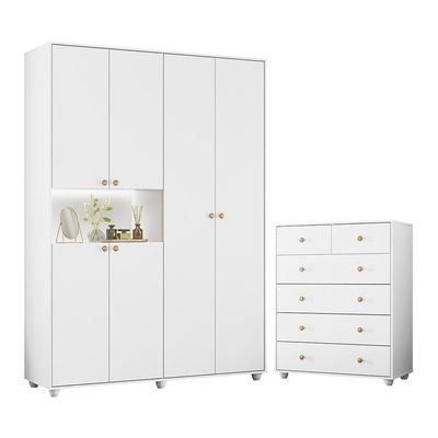 Jogo De Quarto Vittoria Com Guarda Roupa E Cômoda Branco - Móveis Albatroz Branco