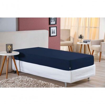 Lençol Com Elástico Solteiro Nobre 1 Peça 30cm De Altura Malha 100% Algodão - Azul-marinho
