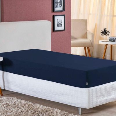 Lençol Com Elástico Solteiro Nobre 1 Peça 30cm De Altura Malha 100% Algodão - Azul-marinho