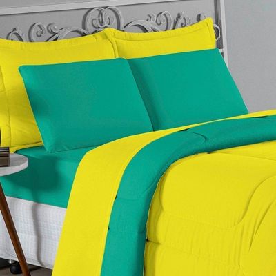 Kit Edredom Dupla Face + Jogo De Lençol Casal Viúva Nobre 6 Peças Malha 100% Algodão - Amarelo / Jade