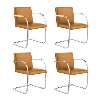 Kit 4 Cadeiras Brno Couro Natural Caramelo Tubular Cromada