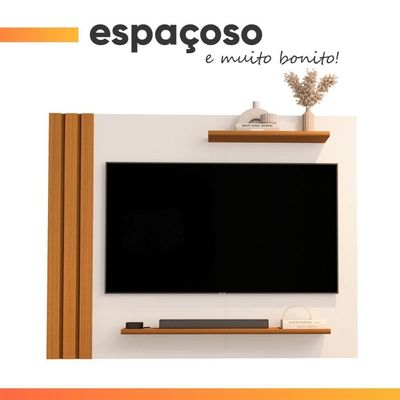 Painel Para Tv Até 40 Polegadas Detalhe Ripado Com Prateleiras Aden Off White / Madeirado
