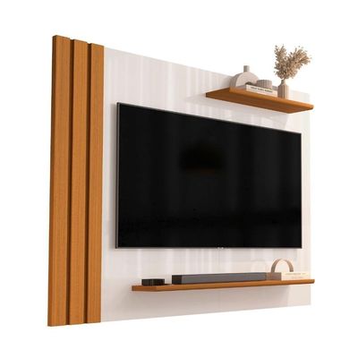 Painel Para Tv Até 40 Polegadas Detalhe Ripado Com Prateleiras Aden Off White / Madeirado