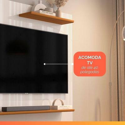 Painel Para Tv Até 40 Polegadas Detalhe Ripado Com Prateleiras Aden Off White / Madeirado