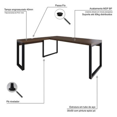 Mesa Em L Presidente 190x160x75cm Yon - Nogueira-est.preta Nogueira-est.preta