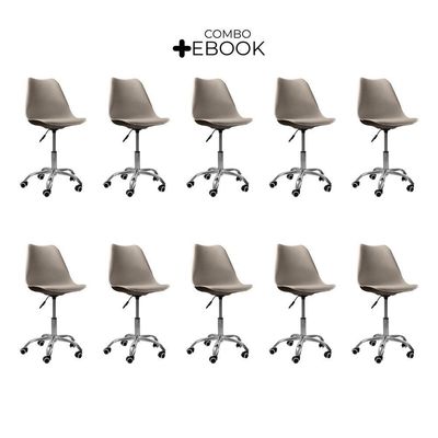 Kit 10 Cadeiras Office Base Cromada Com Rodízio Giratória Saarinen Bege