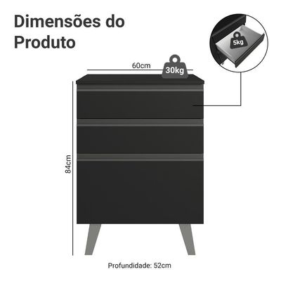 Balcão De Cozinha 60 Cm 3 Gavetas Com Pés Preto Nice Madesa Preto