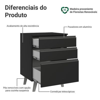 Balcão De Cozinha 60 Cm 3 Gavetas Com Pés Preto Nice Madesa Preto
