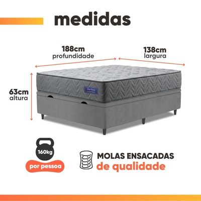 Cama Box Baú Colchão Casal Molas Ensacadas Atlanta 138x188x63cm Apolo Cinza