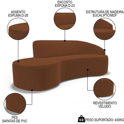 Sofá Living 4 Lugares 280cm Braço Direito Mozart D06 Veludo Telha - Mpozenato