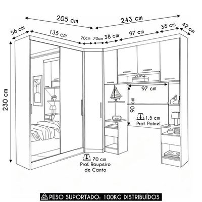 Guarda Roupa Solteiro Modulado Espelho Cp06 Taiga Branco/cinnamon L01 - Mpozenato