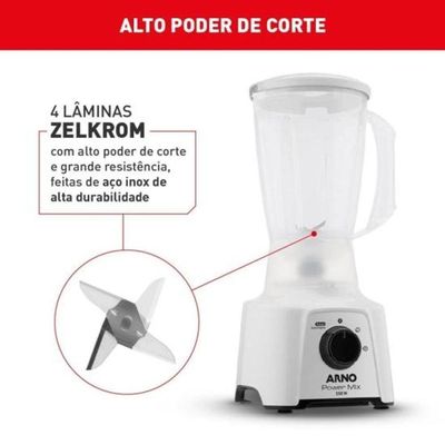 Liquidificador Arno Power Mix 550W 2L com 4 Lâminas Zelkrom e 3 Velocidades Branco 110V