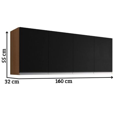 Armário Aéreo de Cozinha Andréia 160CM 4 Portas MDF Giratória Preto Amêndoa