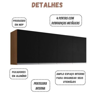 Armário Aéreo de Cozinha Andréia 160CM 4 Portas MDF Giratória Preto Amêndoa