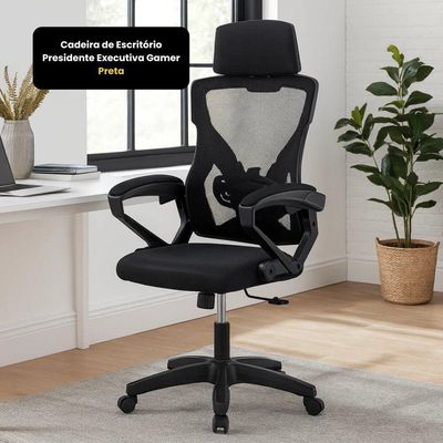 Cadeira de Escritório Presidente Executiva Gamer Tela Mesh Base Giratória Preto