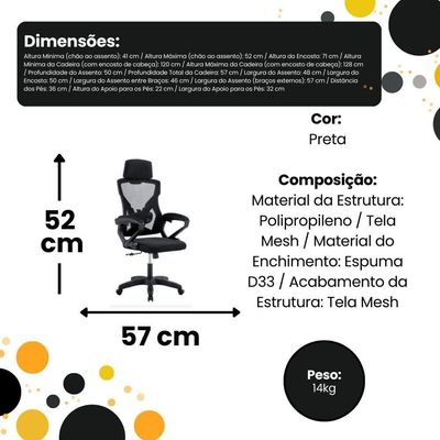 Cadeira de Escritório Presidente Executiva Gamer Tela Mesh Base Giratória Preto