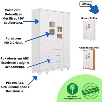 Guarda Roupa Uli 4 3 Gavetas 100%mdf Branco Peroba Móveis
