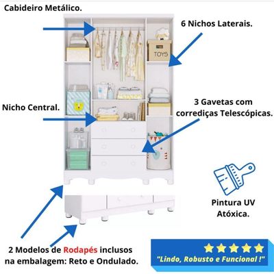 Guarda Roupa Uli 4 3 Gavetas 100%mdf Branco Peroba Móveis