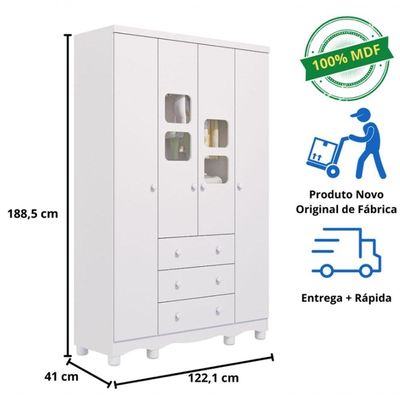 Guarda Roupa Uli 4 3 Gavetas 100%mdf Branco Peroba Móveis