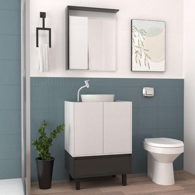Gabinete para Banheiro Jessé de Chão MDF 60CM Branco Preto com Cuba de Apoio Tampo Marmorite