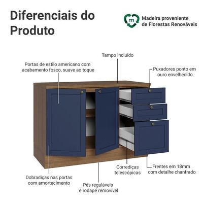 Balcão De Cozinha 120 Cm 2 Portas 3 Gavetas Rustic/azul Vik Madesa Rustic/azul