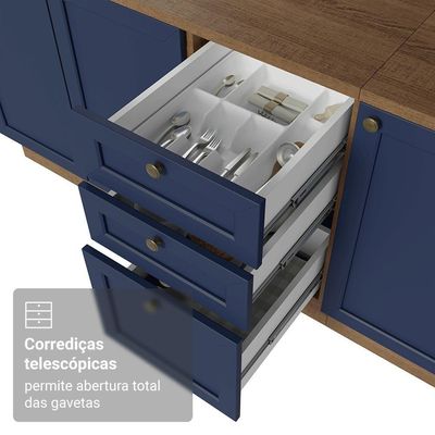 Balcão De Cozinha 120 Cm 2 Portas 3 Gavetas Rustic/azul Vik Madesa Rustic/azul