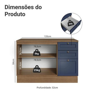 Balcão De Cozinha 120 Cm 2 Portas 3 Gavetas Rustic/azul Vik Madesa Rustic/azul