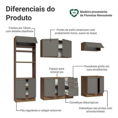Armário De Cozinha Completa 270 Cm Rustic/cinza Vik Madesa 01 Rustic/cinza