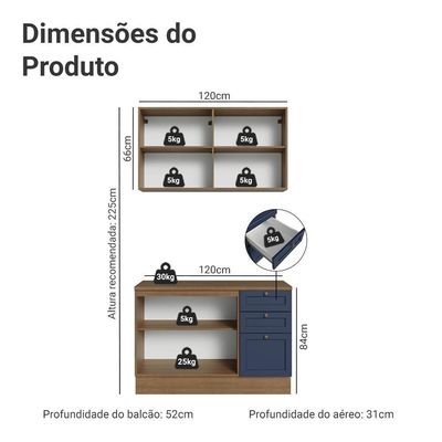 Armário De Cozinha Compacta 120 Cm Rustic-azul Vik Madesa 01 Rustic-azul