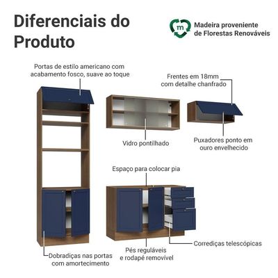 Armário De Cozinha Completa 270 Cm Rustic-azul Vik Madesa 03 Rustic-azul