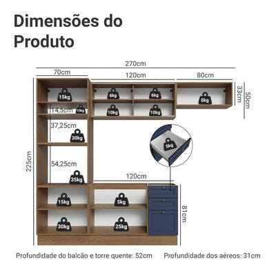 Armário De Cozinha Completa 270 Cm Rustic-azul Vik Madesa 03 Rustic-azul
