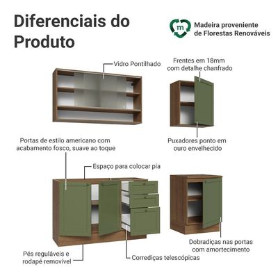 Armário De Cozinha Compacta 180 Cm Rustic-verde Vik Madesa 03 Rustic-verde