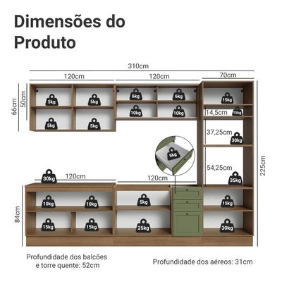 Armário De Cozinha Completa 310 Cm Vik Madesa 01 Rustic/verde