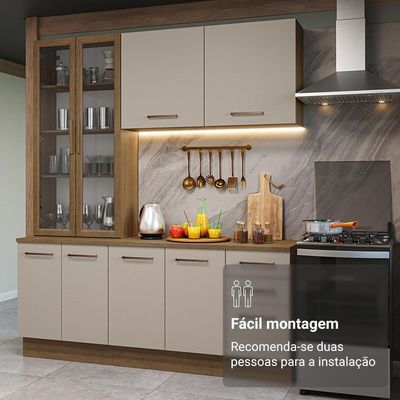 Armário De Cozinha Completa 190cm Com Cristaleira Agata Madesa Rustic Crema