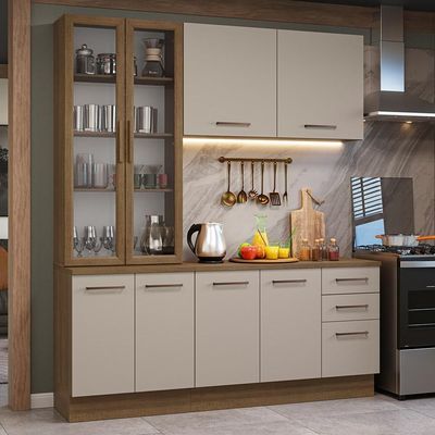Armário De Cozinha Completa 190cm Com Cristaleira Agata Madesa Rustic Crema