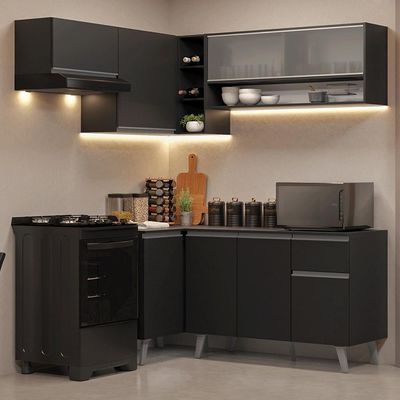 Armário De Cozinha Completa De Canto 325 Cm Preto Nice Madesa 03 Preto